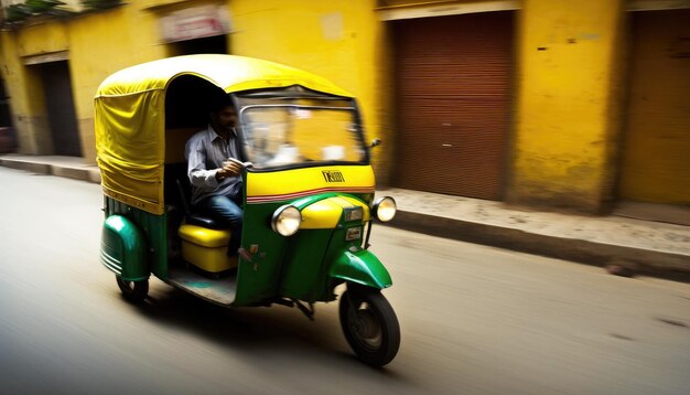 Авто-рикша везет азиатского клиента на индийской улице размытие движения тук-тук авторикша-такси