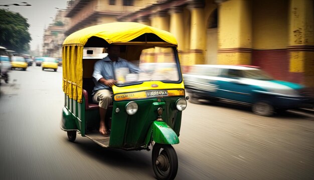 自動人力車がインドのストリートでアジア人の顧客を運転モーション ブラー トゥクトゥクの自動人力車タクシー