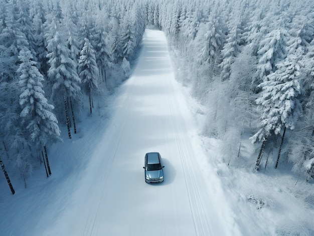Auto rijden op besneeuwde bosweg in de winter
