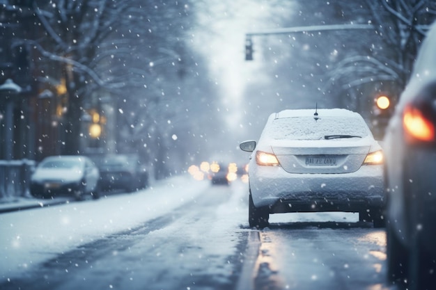 Auto rijden op gladde besneeuwde straat in de stad Wegverkeer en ongevallen in het winterseizoen