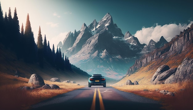 Auto rijden op snelwegbos met door berg Ai gegenereerde kunst