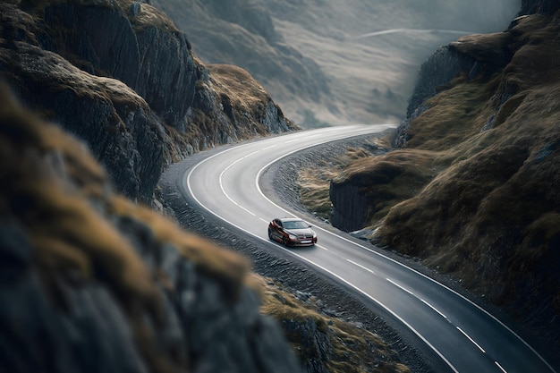 Auto rijdt de kronkelende bergweg af