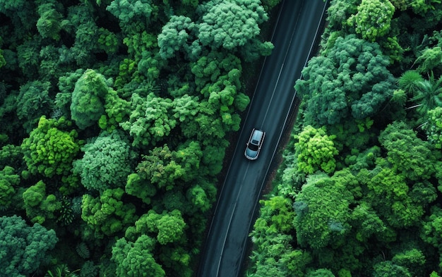 Auto rijdt de weg af omringd door bomen