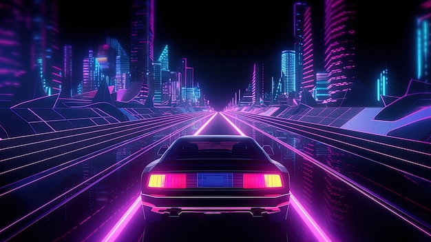 Auto rit op de neon weg in 80s retro synthwave stijl gegenereerde AI