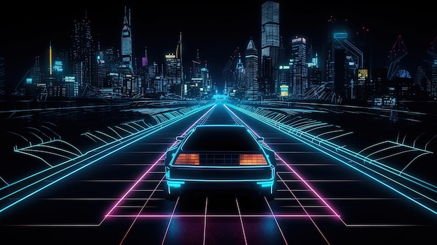 Auto rit op de neon weg in 80s retro synthwave stijl