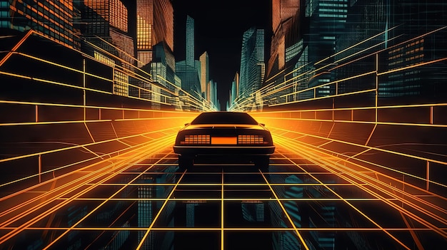 Foto auto rit op de neon weg in 80s retro synthwave stijl