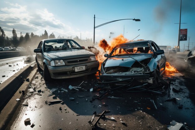 Auto's botsen op de snelweg en veroorzaken schade.