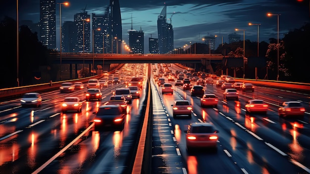 Auto's die in de file op de snelweg blijven in het concept van koolstofspoor bij zonsondergang