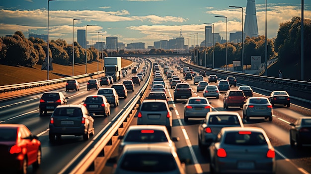 Auto's die in de file op de snelweg blijven in het concept van koolstofspoor bij zonsondergang