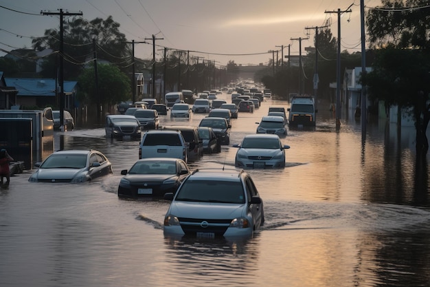 Auto's ondergedompeld in generatieve ai van overstromingswater