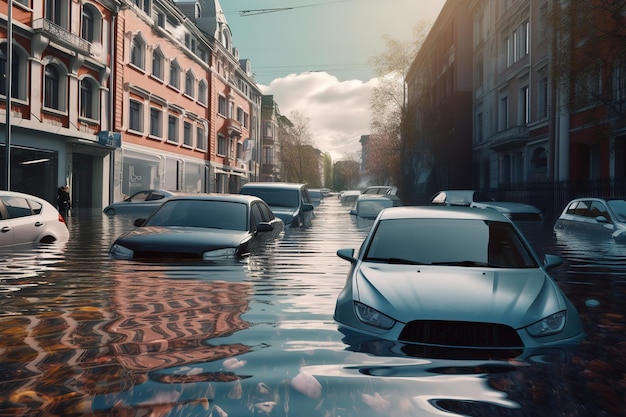 auto's ondergedompeld in overstromingswater in de stad