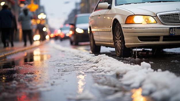 Auto's rijden in de winter op een besneeuwde weg