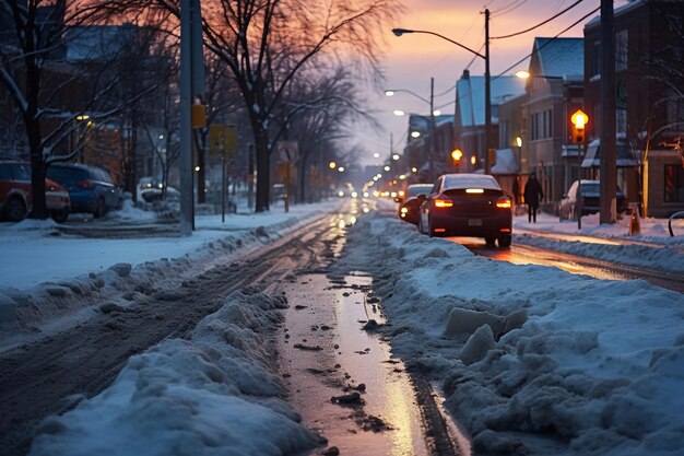 Auto's rijden tijdens een sneeuwval op een besneeuwde straat in de stad in de avond
