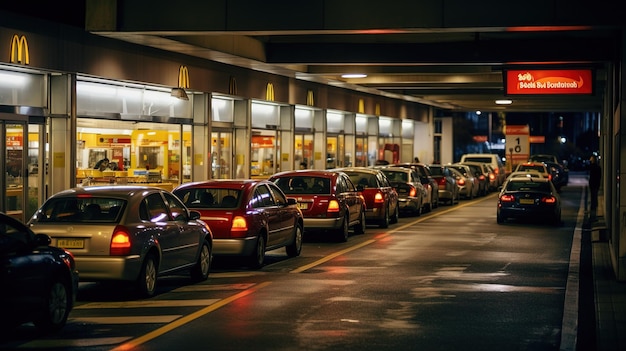 Auto's staan in de rij bij een McDonald's-restaurant