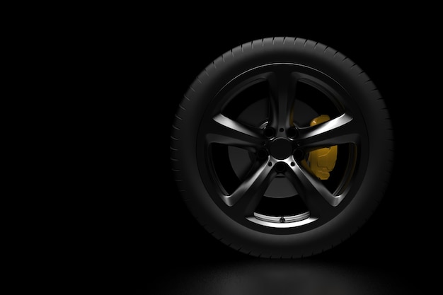 Auto service concept wiel op een donkere achtergrond 3d render