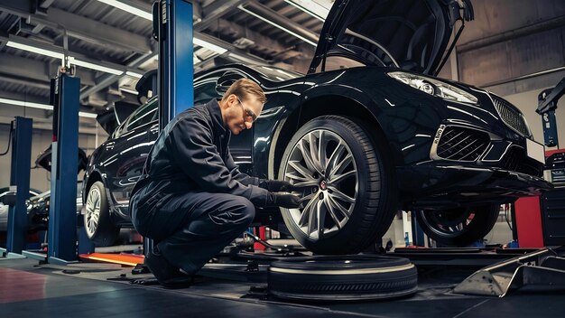 Auto-service met lage hoek om wielen te wisselen