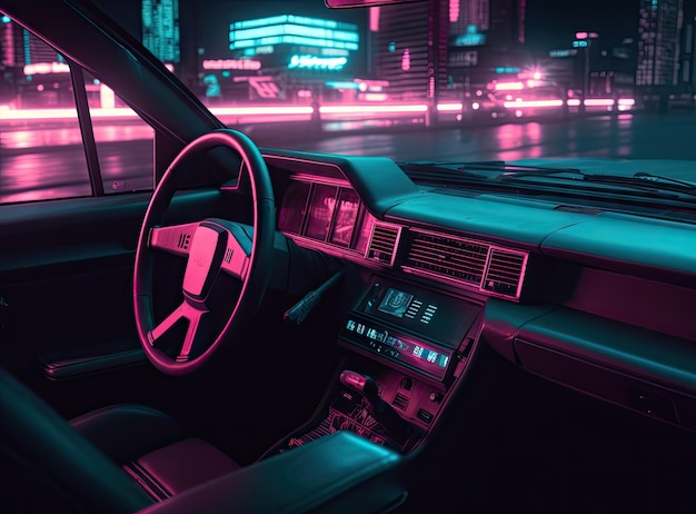 Auto snelheid rijden op de weg in de nacht stad Retro golf neon noir lichten kleur toning