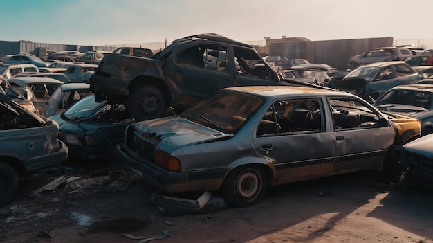 Foto auto stortplaats met oude roestige voertuigen die een begraafplaats vormen van verlaten auto's