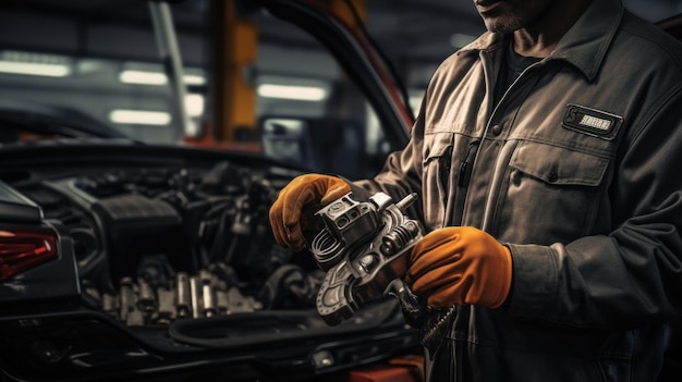 Auto-technicus met gereedschap terwijl hij in een servicecentrum staat