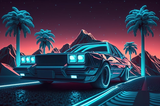 Auto tegen de achtergrond van palmbomen en grote sterren in het achteraanzicht van de nachtelijke hemel Sportwagen futuristisch autonoom voertuig HUD-auto Generatieve AI