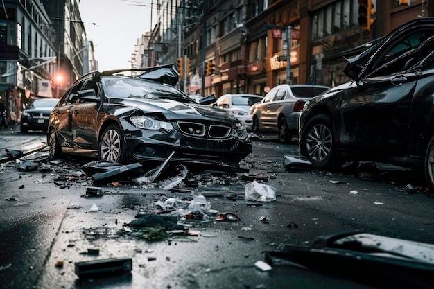 Auto vernield in een stedelijk ongeval ligt te midden van puin en gebroken glas op de stadsstraat