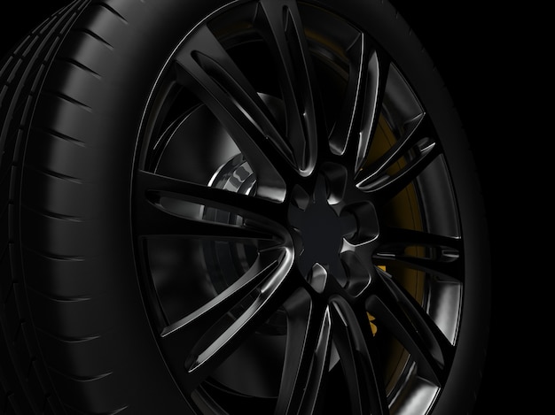 Auto wheel with chrome disks on a dark background 3d render