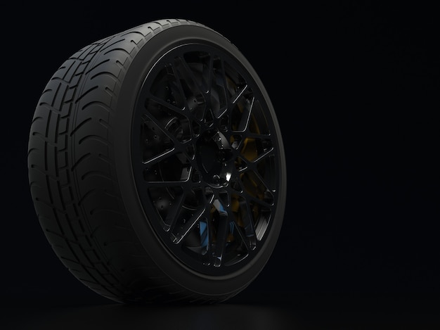 Auto wheel with chrome plated on a dark background 3d render