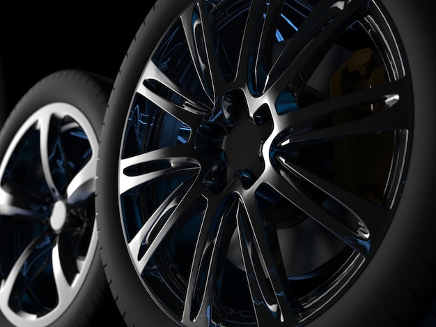 Auto wheels with chrome rims close up 3d render