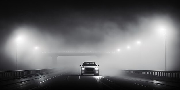 Autobahn with a vehicle in the mist