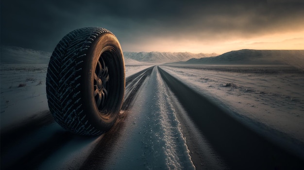 Autoband op besneeuwde weg