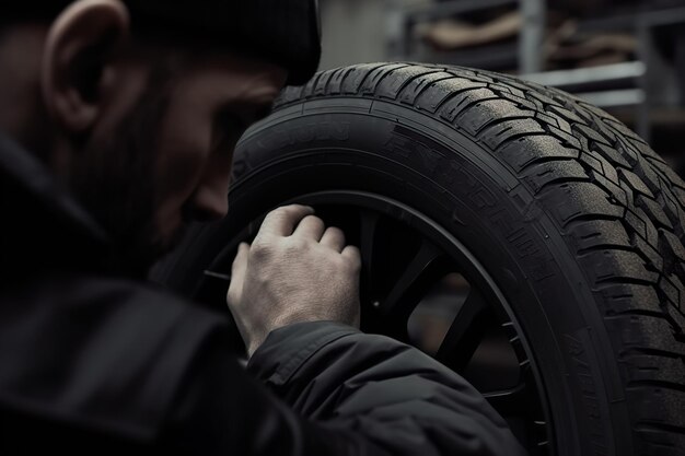 Autobandenwinkel en servicemonteur met nieuwe band op garageachtergrond