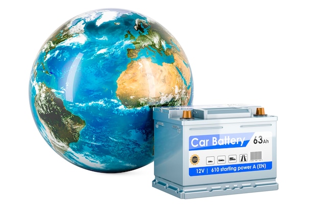 Foto autobatterij met earth globe 3d-rendering