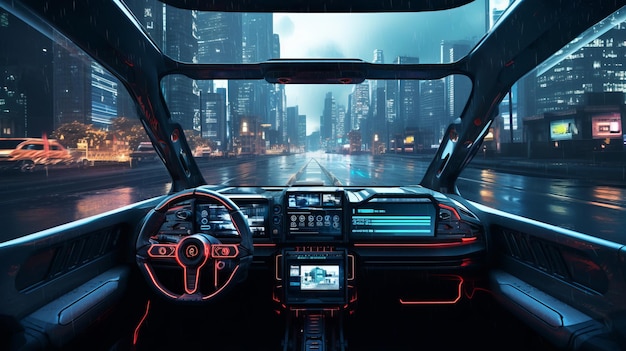 Autodashboard de voorruit van de auto cyberpunk direct voor Generative AI