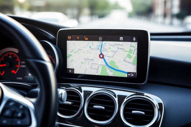 Foto autodashboard met gps-apparaat in het midden van de streepjeslijn generatieve ai