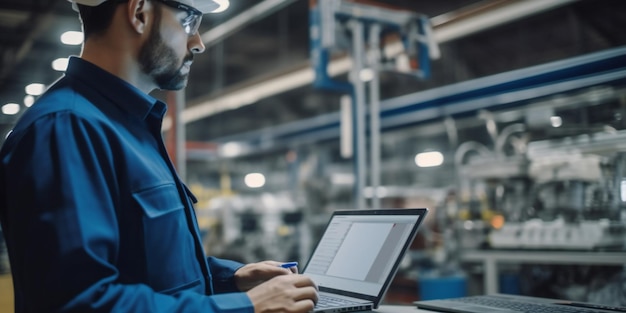 Autofabrieksingenieur in werkuniform met behulp van laptop