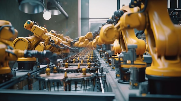 Photo automate robotic arm at factory generative ai