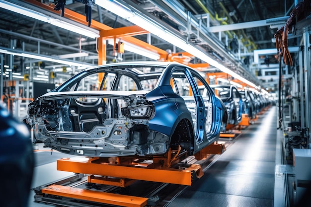 Photo automated assembly line for robot manipulators for the production of hightech electric vehicles running on clean energy