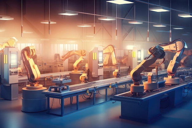 Automated assembly line with robotic arms and lights flashing putting together complex device