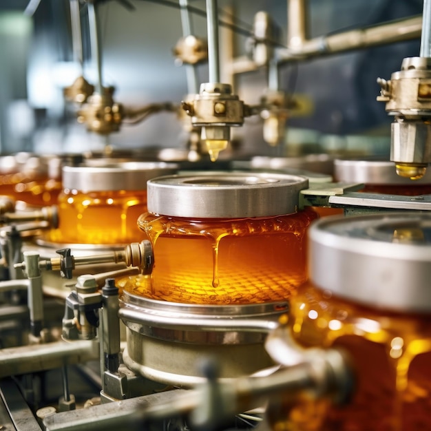 Photo automated canning of honey in jar in factory close up generative ai