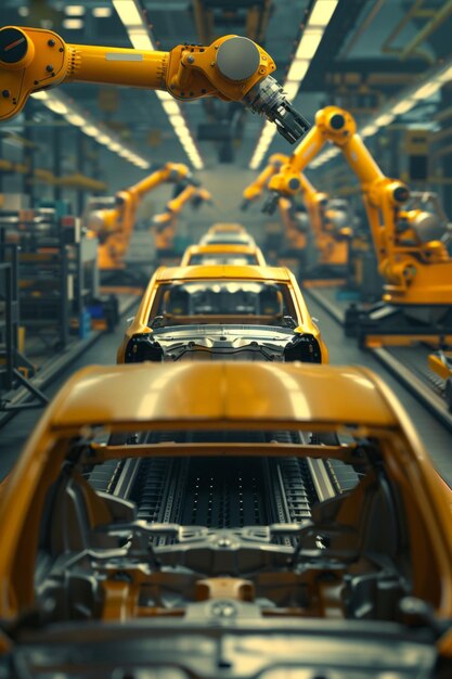 Photo automated construction of cars in a factory robots generative ai