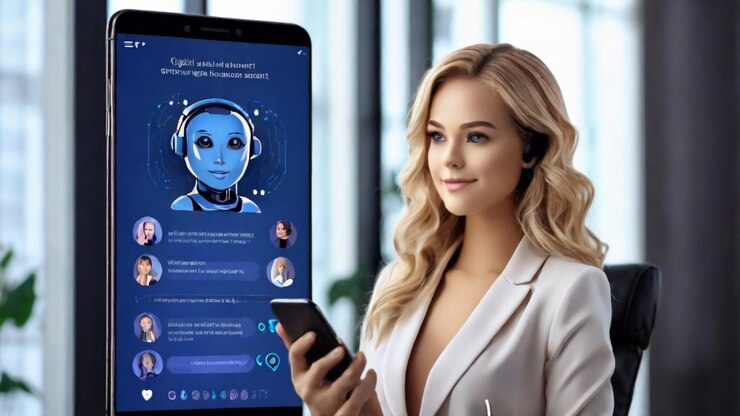 Photo automated customer support businesswoman engages with ai chatbot on mobile