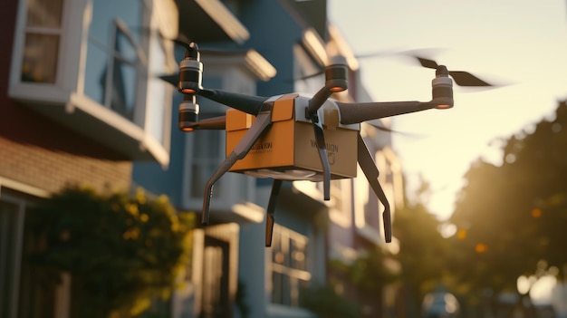 Automated drone delivering package to doorstep in urban setting