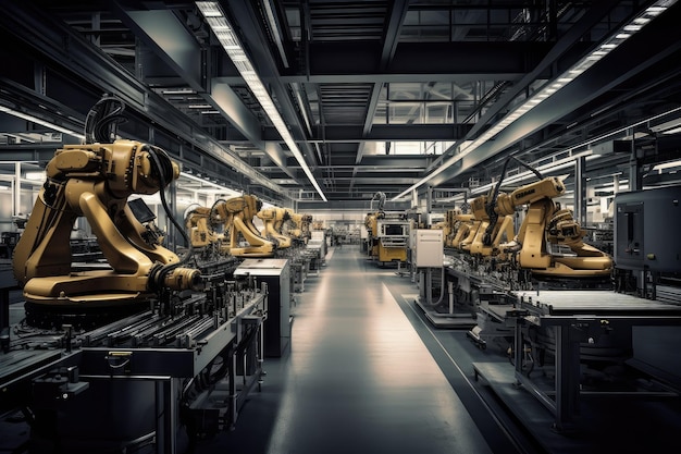 Automated factory in full operation robotic arms drones and total efficiency generative IA