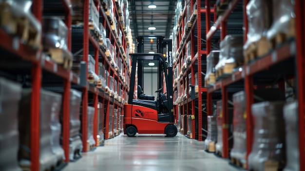 Automated forklifts navigating through aisles