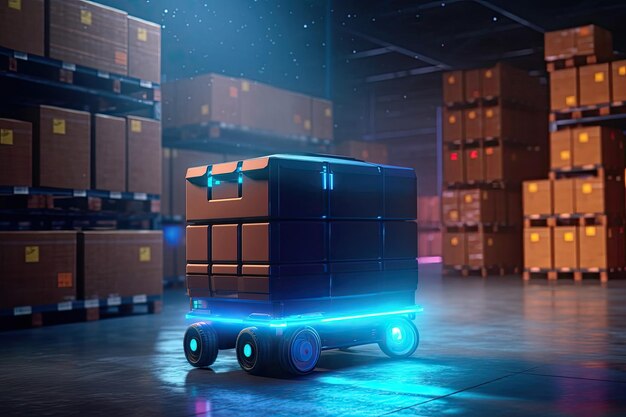 Automated management inventory and delivery robot at storage warehouse ai generated