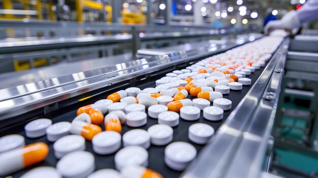 Automated Pharmaceutical Production Conveyor Belt Transports Pills for Packaging