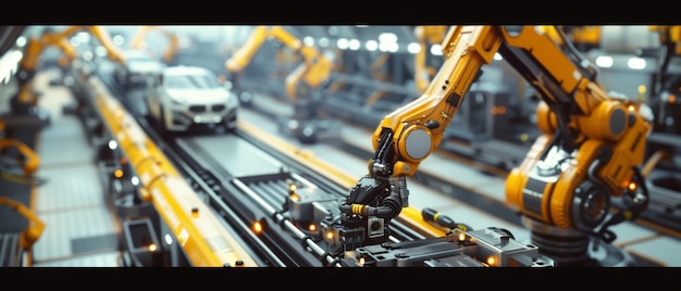 Photo automated robot arm assembly line manufacturing hightech green energy electric vehicles automatic conveyor system for construction building and welding industrial production