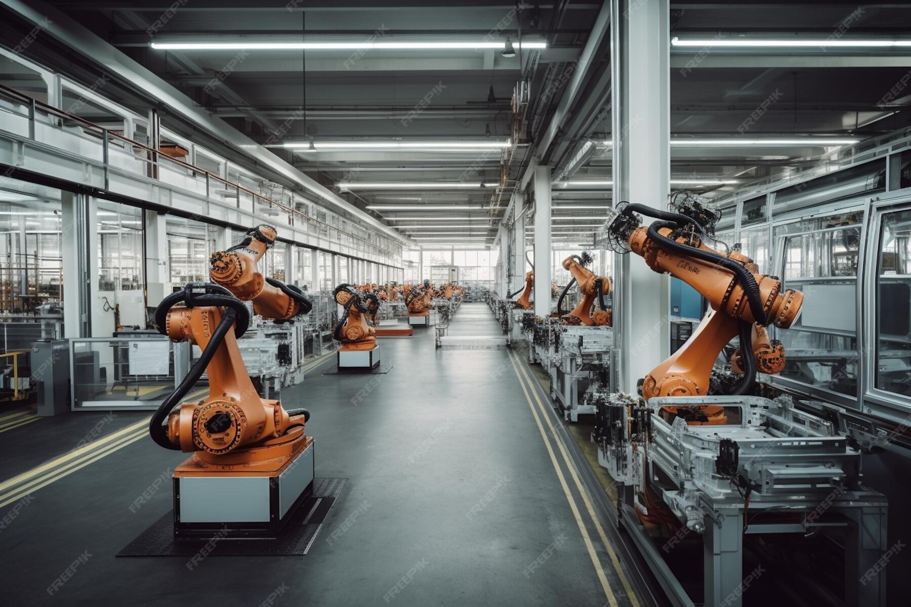 ジェネレーティブ ai で作成されたハイテク電気自動車を生産する自動ロボット アーム組立ライン