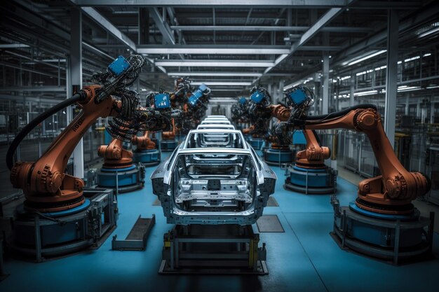 Photo automated robot arm assembly line producing high tech electric vehicles created with generative ai