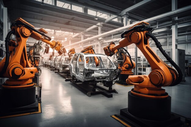 Automated Robot Arm Assembly Line Producing High Tech Electric Vehicles created with Generative AI